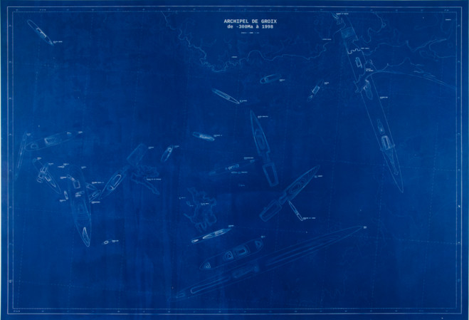 Capucine Vever et Valentin Ferré, Archipel de Groix (de -300Ma à 1998), 2013, Impression cyanotype sur papier arches, contrecollée sur bois 86 × 126 cm Courtesy de l’artiste